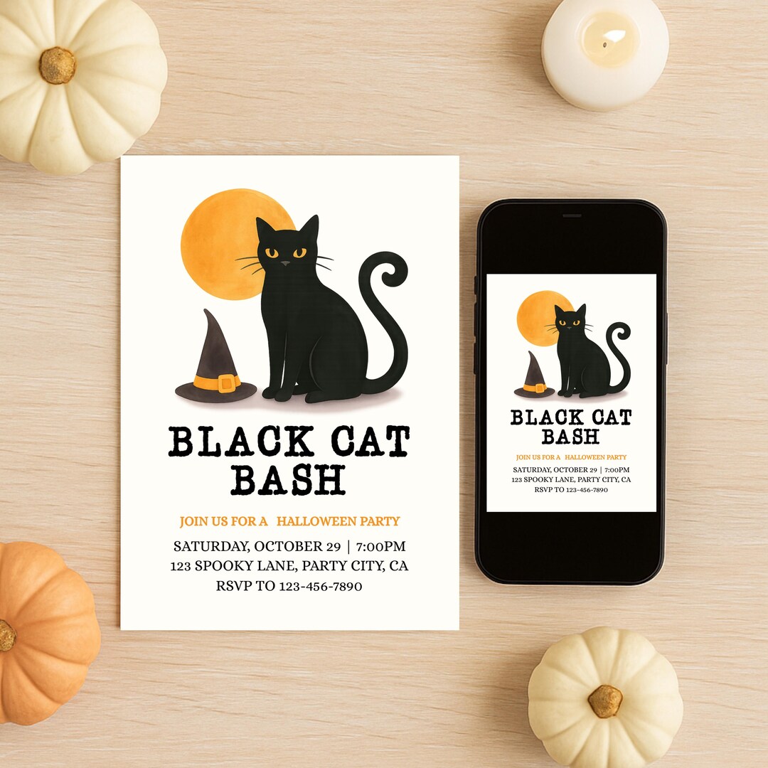 Editable Black Cat Bash Halloween Invitation | Witch Hat Party ...