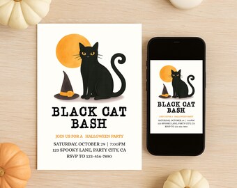 Editable Black Cat Bash Halloween Invitation | Witch Hat Party Printable | Spooky Cat Digital Download | Halloween Night Invite