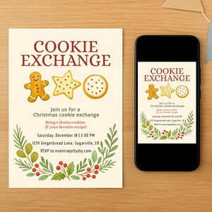 Op de afbeelding: Een cr&egrave;mekleurige uitnodiging en een smartphone tonen een "Cookie Exchange" aankondiging. De uitnodiging bevat illustraties van peperkoekmannetjes, ster- en ronde koekjes. De tekst nodigt gasten uit om koekjes en hun favoriete recept mee te nemen.
