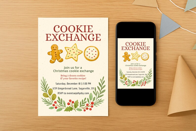 Op de afbeelding: Een cr&egrave;mekleurige uitnodiging en een smartphone tonen een "Cookie Exchange" aankondiging. De uitnodiging bevat illustraties van peperkoekmannetjes, ster- en ronde koekjes. De tekst nodigt gasten uit om koekjes en hun favoriete recept mee te nemen.