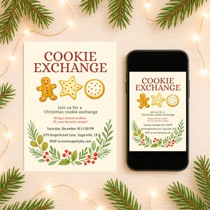 Op de afbeelding: Een feestelijke uitnodiging voor een koekjesruil, met de tekst "COOKIE EXCHANGE" en illustraties van peperkoekmannetjes, ster- en ronde koekjes. De uitnodiging staat op een cr&egrave;mekleurige achtergrond en wordt ook op een smartphone weergegeven.
