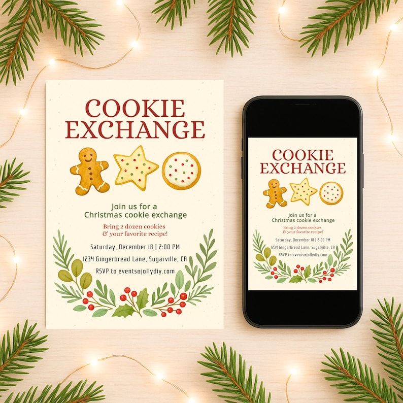 Op de afbeelding: Een feestelijke uitnodiging voor een koekjesruil, met de tekst "COOKIE EXCHANGE" en illustraties van peperkoekmannetjes, ster- en ronde koekjes. De uitnodiging staat op een cr&egrave;mekleurige achtergrond en wordt ook op een smartphone weergegeven.