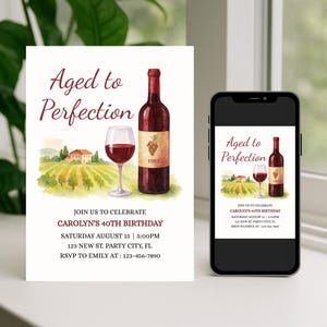 Aged to Perfection Birthday Invitation Wine Theme | Editable Wine Party Invite | Vineyard Celebration Template | Instant Digital Printable