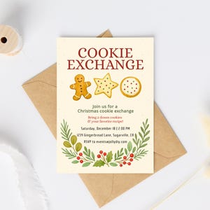 Op de afbeelding: Een cr&egrave;mekleurige uitnodiging voor een kerstkoekjesruil, met illustraties van een peperkoekmannetje, ster en ronde koekjes. De tekst luidt "KOEKJESRUIL" en bevat evenementdetails en RSVP-informatie.