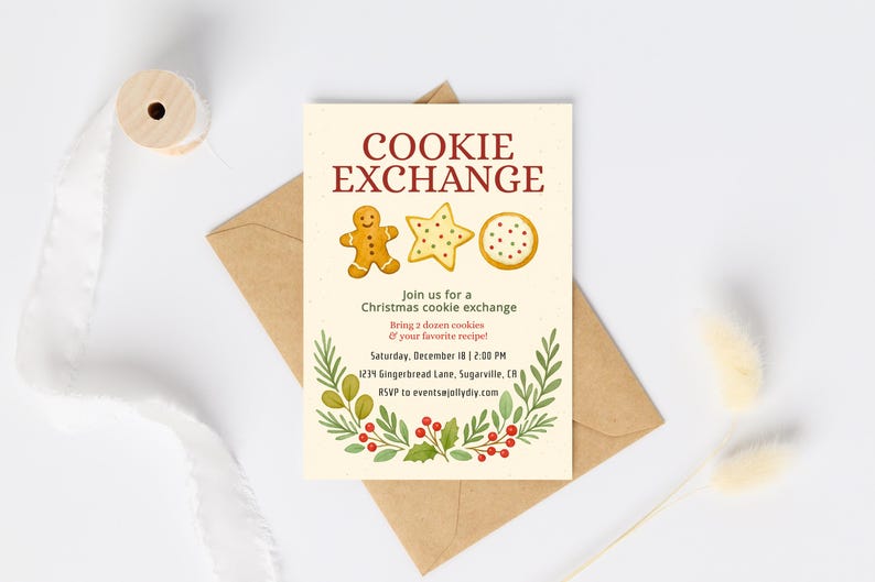 Op de afbeelding: Een cr&egrave;mekleurige uitnodiging voor een kerstkoekjesruil, met illustraties van een peperkoekmannetje, ster en ronde koekjes. De tekst luidt "KOEKJESRUIL" en bevat evenementdetails en RSVP-informatie.