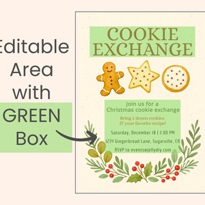 Op de afbeelding: Een feestelijke uitnodiging voor een kerstkoekjesruil. Het ontwerp bevat aquarel illustraties van peperkoekmannen, stervormige koekjes en ronde koekjes. De tekst luidt "COOKIE EXCHANGE" en bevat evenementdetails.