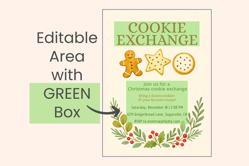 Op de afbeelding: Een feestelijke uitnodiging voor een kerstkoekjesruil. Het ontwerp bevat aquarel illustraties van peperkoekmannen, stervormige koekjes en ronde koekjes. De tekst luidt "COOKIE EXCHANGE" en bevat evenementdetails.