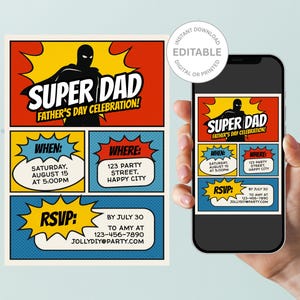 Convite de Super Pai para o Dia dos Pais | Convite para Festa Estilo História em Quadrinhos | Modelo Editável de Super-herói para Celebração do Pai