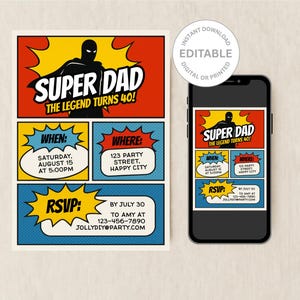 Einladung zum 40. Geburtstag für Männer | Super Papa Geburtstag einladen | Bearbeitbare Comic Buch Superheld Party Vorlage | Sofortiger Download zum Ausdrucken