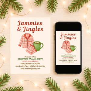 May include: A Christmas pajama party invitation with the text "Jammies & Jingles." The invitation features a watercolor illustration of a plaid pajama set and a green mug. A smartphone displays the same invitation.