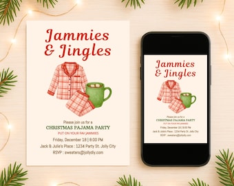 Sjabloon pyjamafeestje kerstmis | Jammies & Jingles-feestuitnodiging | Bewerkbare digitale download, formaat 5 x 7 inch