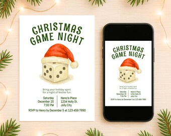 Uitnodigingssjabloon voor spelavond voor kerst | Uitnodiging voor feestfeestje | Bewerkbare digitale download | Afdrukbare kaart voor feestelijke game-avond voor het hele gezin