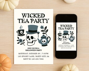 Wicked Tea Party Halloween Invitation | Editable  Gothic Tea Party Printable, Skeleton, Teapot Digital Download, Spooky Halloween Tea Invite