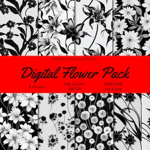Black and White Floral Digital Pattern - Instant Download