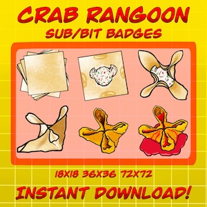May include: A set of six digital badges featuring a cartoon illustration of a crab rangoon. The badges are in different stages of preparation, from the raw ingredients to the finished product. The badges are labeled with the sizes 18x18, 36x36, and 72x72. The text "INSTANT DOWNLOAD!" is at the bottom of the image.