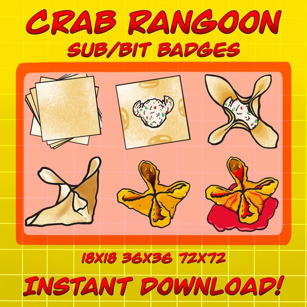 Twitch Sub Badges / Bit Badges / Crab Rangoon Collection / Chinese Takeout / Yellow / Red / Wanton / Dumpling / streamer / Aesthetic / Cute