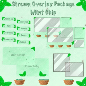 May include: A green and white stream overlay package with the text "Stream Overlay Package Mint Chip". The package includes a variety of elements, such as a starting soon screen, a stream ending screen, and several panels for displaying information about the streamer.
