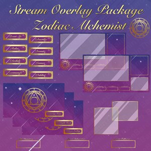 May include: Purple and gold Twitch stream overlay package with a zodiac theme. The overlay includes a variety of elements, such as a title card, a chat box, a donation panel, and a subscriber panel. The overlay also features a variety of graphics, such as stars, a zodiac symbol, and a text box that says "Zodiac Alchemist".