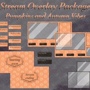 Puede incluir: Un paquete de superposición de transmisión con un tema de calabaza y otoño. La superposición incluye una pantalla de inicio pronto, una pantalla de fin de transmisión y varios paneles para mostrar información sobre el streamer, como su sobre mí, juegos, reglas, horario, comandos, suscribirse, donar y sorteo.