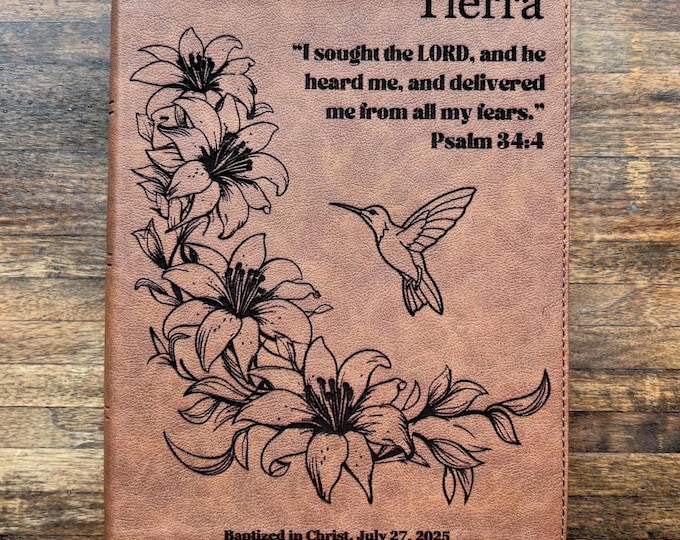 Personalized King James Bible with Name & Verse Engraving – Baptism Gift for New Believer in Jesus Christ (Choose your Flower Design)