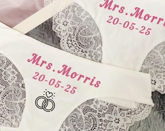 Custom name Panties,Wedding Thong,Bachelorette Party,Wedding Party Gifts,Mrs. Lace Panties,Lace Lingerie for Bride,Wedding Anniversary Gifts