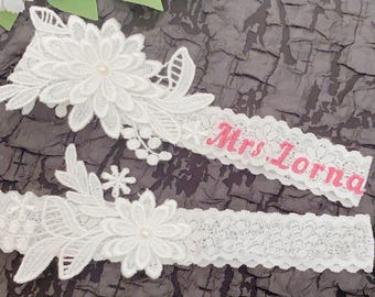 Custom Name Garter,Lace Garter,Toss Garter,Wedding Garter, Keepsake Garter,White Lace Garter Set,Wedding Garter Set,Personalized Lace Garter