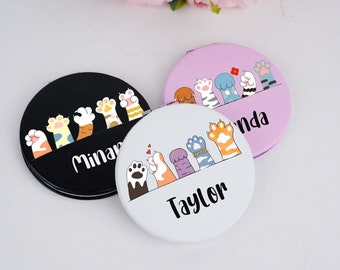 Cartoon Cat Paw Compact Mirror, Personalized Name Leather Mirror, Custom Woman Makeup Mirror, Mini Hand Mirror, Woman Accessory,Gift For Her