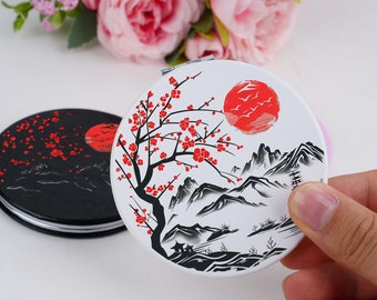 Chinese inkt schilderij zakspiegel, PU lederen compacte spiegel, aangepaste make-upspiegel voor vrouw, mode vrouw accessoire, nieuwigheid spiegelgeschenken