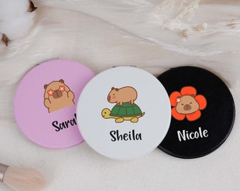 Cute Capybara Pocket Mirror, Personalized Name Compact Mirror, Custom Leather Mirror For Girl, Mini Hand Mirror, Woman Accessory, Her Gifts