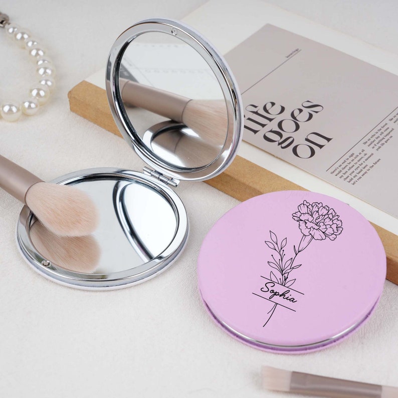 Miroir personnalisé pour fleur de naissance avec nom, miroir compact en cuir personnalisé, miroir de maquillage pour femme personnalisé, cadeaux de douche pour la mariée, cadeaux de mariage image 4