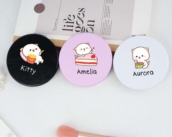 Mitao Cat Compact Mirror With Name, Personalized Leather Mirror For Girl, Custom BUBU Pocket Mirror, Cute Girl Accessory, Custom Mirror Gift