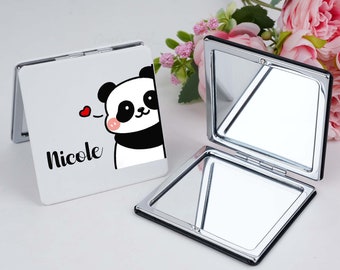 Cartoon Panda Mirror With Name, Mini Makeup Mirror For Woman, Custom Compact Mirror, Personalized Leather Hand Mirror, Girl Accessory, Gifts