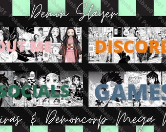May include: A black and white digital illustration of characters from the anime Demon Slayer. The image is divided into four sections, each with a different title: "About Me", "Discord", "Socials", and "Games". The text "Hashiras & Demoncorp Mega Pack" is at the bottom of the image.
