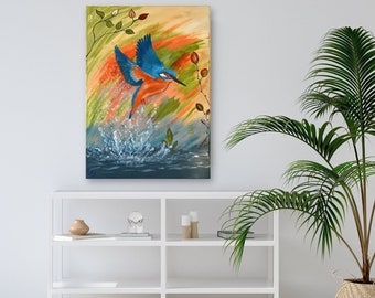 Peinture sur toile Art Nature Bleu peint moderne, peinture acrylique, peinture acrylique, martin-pêcheur, murale, tableau original peint à la main 50 x 70 cm