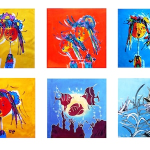 Peut inclure: Six peintures colorées sur un fond blanc. Les peintures représentent des figures abstraites, des poissons et un bateau. Les peintures sont de tailles et de formes différentes.