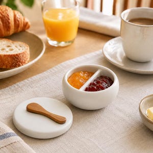 Peut inclure: Un petit bol rond en céramique blanche avec une séparation centrale, contenant de la marmelade d'orange et de la confiture de fruits rouges. Il est accompagné d'un couvercle blanc assorti surmonté d'une petite spatule en bois brun.