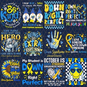 May include: A digital collage featuring twelve distinct graphic designs for Down Syndrome awareness. The artwork uses a blue and yellow color palette, incorporating motifs like gnomes, elephants, sunflowers, hearts, ribbons, and smiley faces with text.