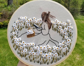 Embroidered Art Piece | Book lover in flower field | Wall Art/Decor |