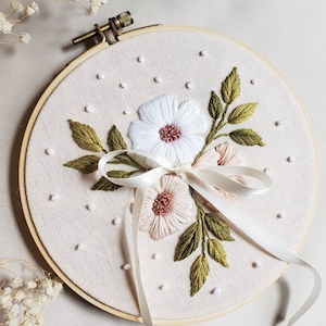 Embroidered Wedding Ring bearer pillow | Romantic Flower center with ribbon | Embroidery Wall Art, Home Decor | 16.5 cm |