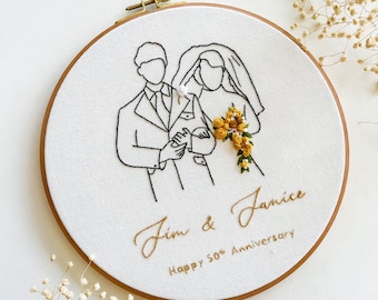 Benutzerdefinierte Stickerei Line Art | Hochzeitsportrait, Verlobung, Familie | Personalisiertes Geschenk für verschiedene Anlässe |