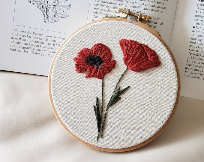 Poppies - embroidered framed Hoop Wall Art/ Decor, 13 cm, handmade Textile Art