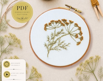 Motif de broderie fleurs sauvages PDF, motif de broderie fleurs de fenouil botanique, motif de broderie à la main moderne, broderie pour débutant