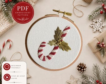 Candy Cane Embroidery Pattern PDF, Christmas Ornament Hoop Pattern, Holiday Hand Embroidery Design, Beginner Embroidery