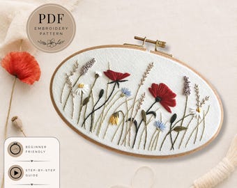 Wildflower Embroidery Pattern PDF, Meadow Flower Hoop Pattern, Beginner Hand Embroidery Design, Modern Floral Embroidery