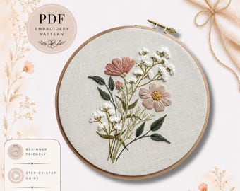 May include: An embroidery hoop with a floral design. The design features pink and peach flowers, white baby's breath, and green leaves. The text "PDF Embroidery Pattern" is in a circle at the top. The text "Beginner Friendly", "Step-by-Step Guide", and "Printable Template" are at the bottom.