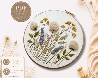 Wildflower Embroidery Pattern PDF, Textured Dandelions Floral Embroidery Pattern, Botanical Hand Embroidery Design, Beginner Embroidery
