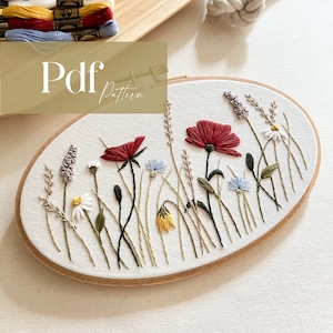 Summer Meadow Embroidery PDF Pattern Step by Step Video Tutorial Beginner Friendly Embroidery Poppies, Cornflowers, Daisies image 1