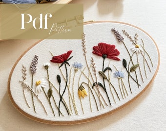 Wildblumen Stickmuster PDF, Wiesenblume Stickrahmen Anleitung, Anfänger Handstickerei, moderne Blumenstickerei