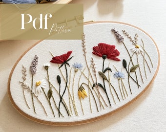 Summer Meadow | Embroidery PDF Pattern + Step by Step Video Tutorial | Beginner Friendly Embroidery | Poppies, Cornflowers, Daisies