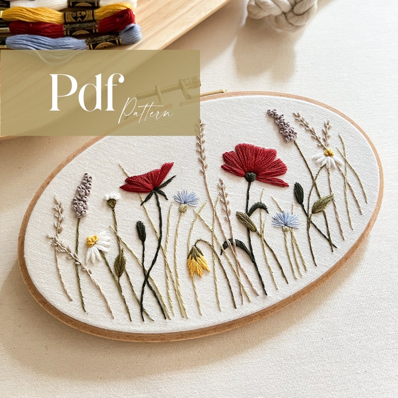 Summer Meadow Embroidery PDF Pattern Step by Step Video Tutorial Beginner Friendly Embroidery Poppies, Cornflowers, Daisies image 1